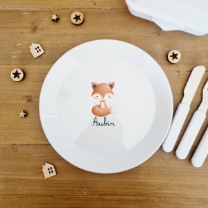 Assiette polymère enfant sans BPA illustrée et personnalisée motif renard - Sweet Chic Accessoires