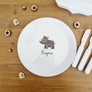 Assiette polymère enfant sans BPA illustrée et personnalisée motif rhinocéros - Sweet Chic Accessoires
