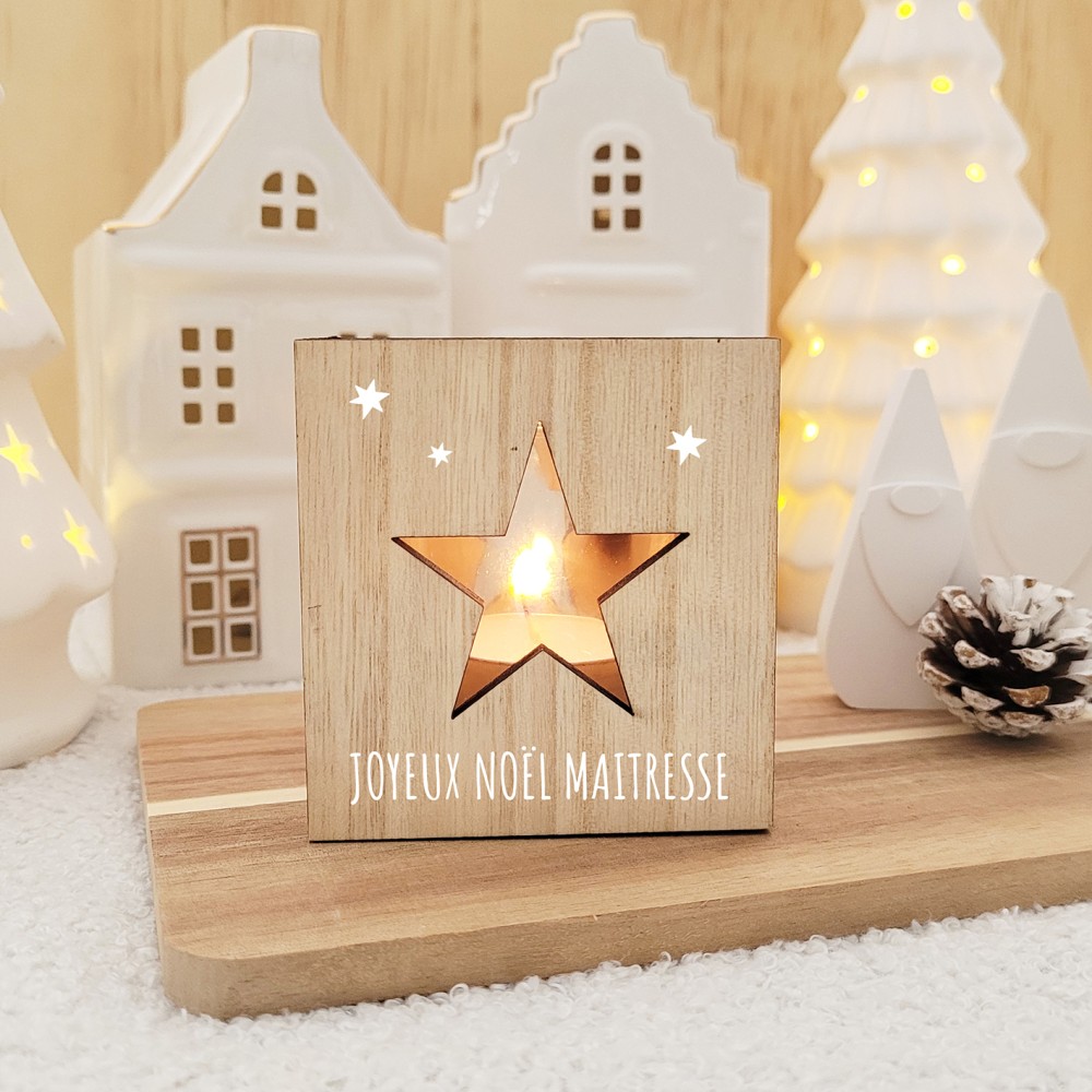 Photophore en bois Etoile Noël -  “Joyeux Noël maîtresse”