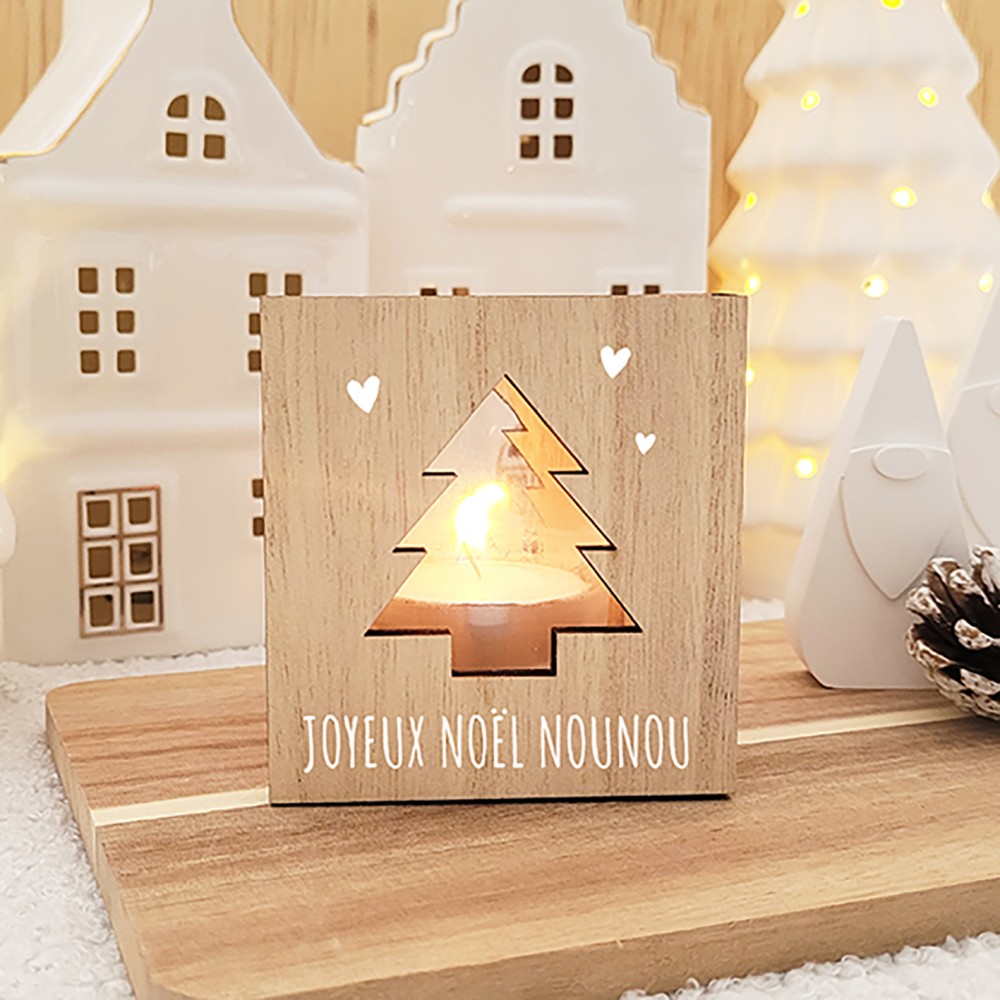 Photophore Sapin Noël en bois “Joyeux Noël Nounou” – Cadeau de Noël parfumé