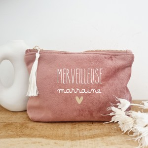 Trousse velours rose avec pompon écru modèle merveilleuse marraine - Sweet Chic Accessoires