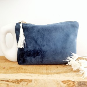 Trousse velours bleu topaze avec pompon écru - Sweet Chic Accessoires
