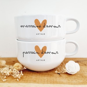 Duo de bols céramique personnalisables motif cœur caramel parrain et marraine d'amour - Sweet Chic Accessoires