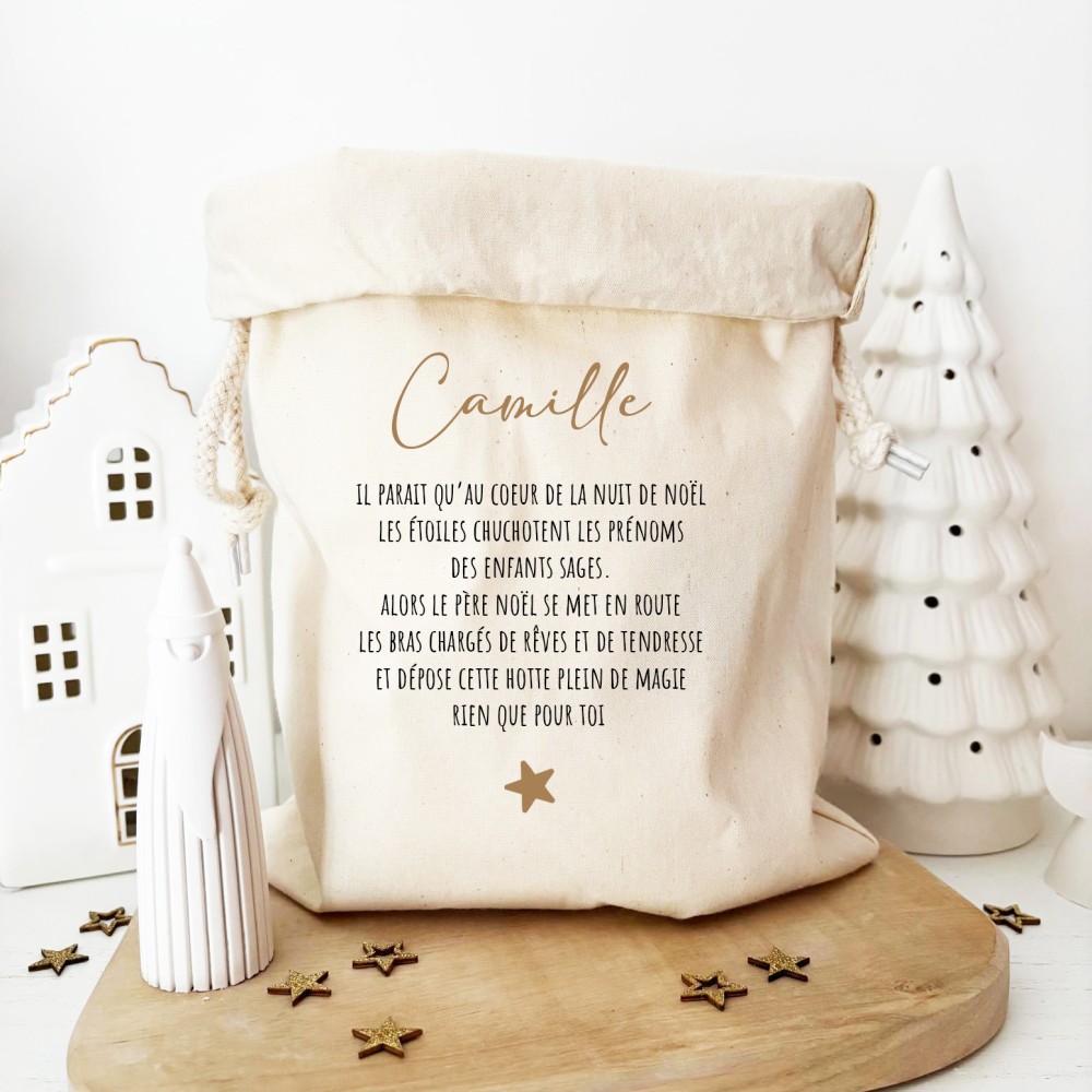Hotte de Noël personnalisée en coton bio – Modèle Étoiles