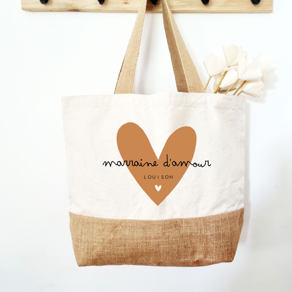 Cabas Marraine d’amour personnalisé – Sac en toile de jute et coton