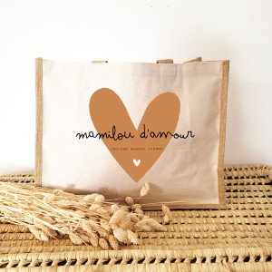 Cabas rectangulaire en coton et toile de jute personnalisable motif cœur caramel texte mamilou d'amour - Sweet Chic Accessoires