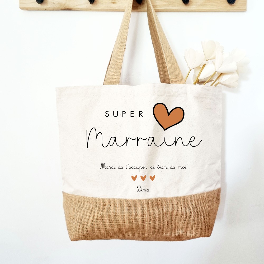 Cabas coton et toile de jute super marraine cœur terracotta - Sweet Chic Accessoires
