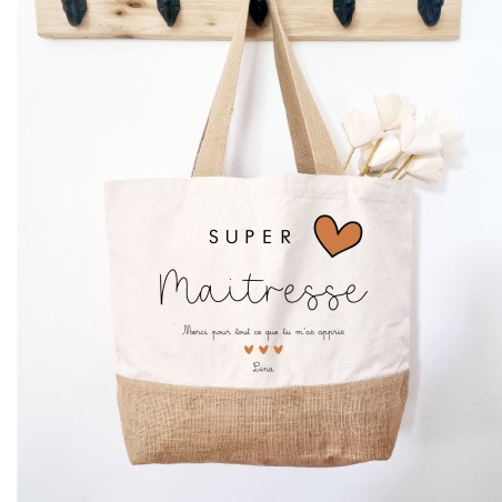 cabas toile et jute personnalisé maitresse