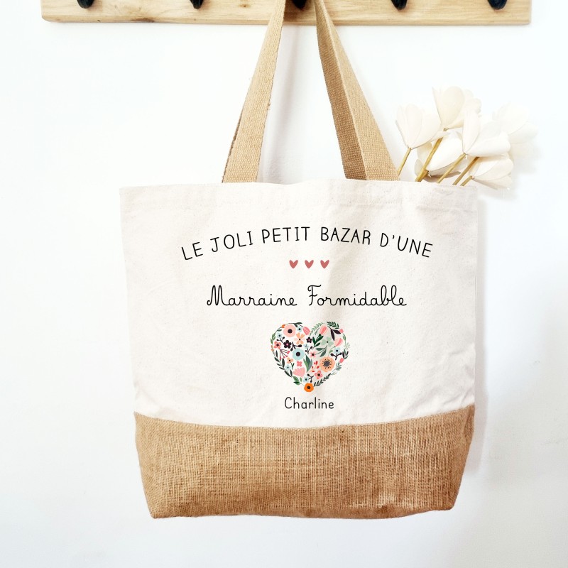 Cabas coton et jute le petit bazar d'une marraine formidable motif cœur fleuri - Sweet Chic Accessoires