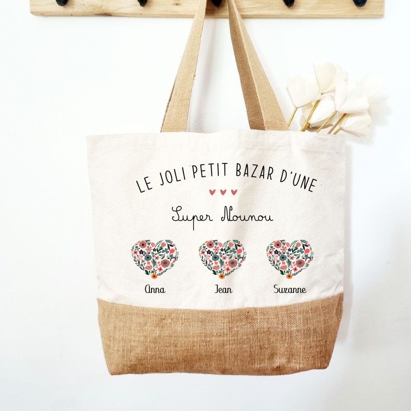 Cabas personnalisé Nounou - petit coeurs fleuris prénoms enfants