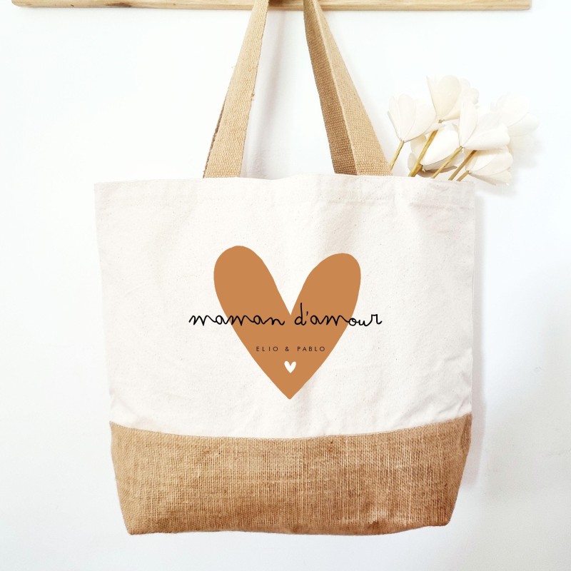 Cabas en coton et toile de jute personnalisable motif cœur caramel texte maman d'amour - Sweet Chic Accessoires