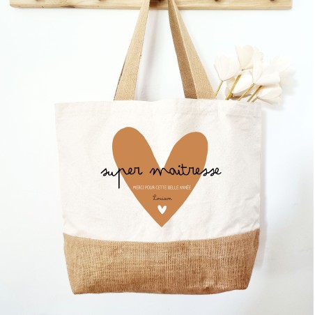 Cabas personnalisé Maitresse- cadeau Atsem - coeur caramel