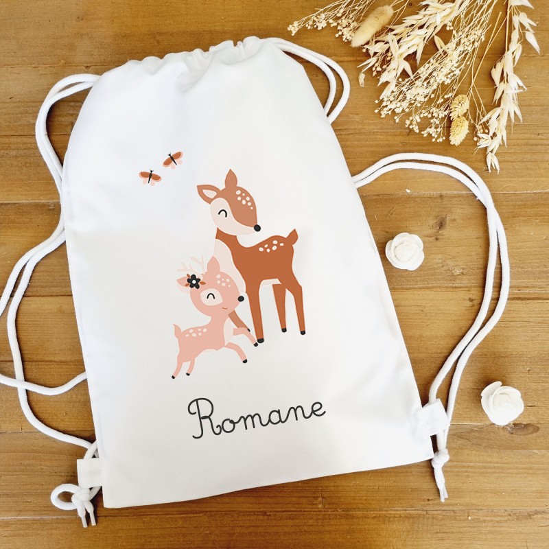 Sac à dos polyester blanc motif biche et faon Romane - Sweet Chic Accessoires