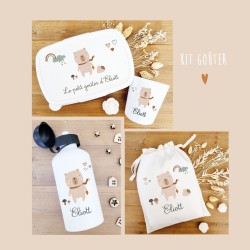 Kit goûter personnalisé Ourson – Pochon en coton et accessoires assortis