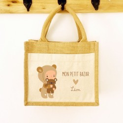 Sac cabas toile de jute et coton personnalisable pour enfant - motif bébé et son doudou - petit format - Sweet Chic Accessoires