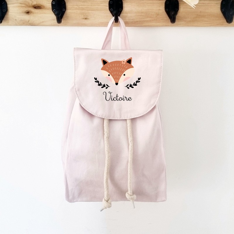 Sac à dos rose pâle personnalisé en coton bio pour enfant motif renarde Victoire – Sweet Chic Accessoires